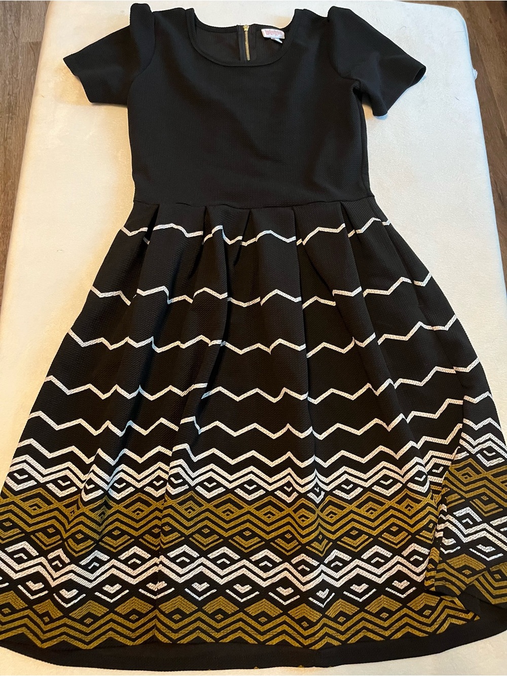 LuLaRoe Amelia Elegance Collection Black & Gold Patterned Fit-and Flare Dress